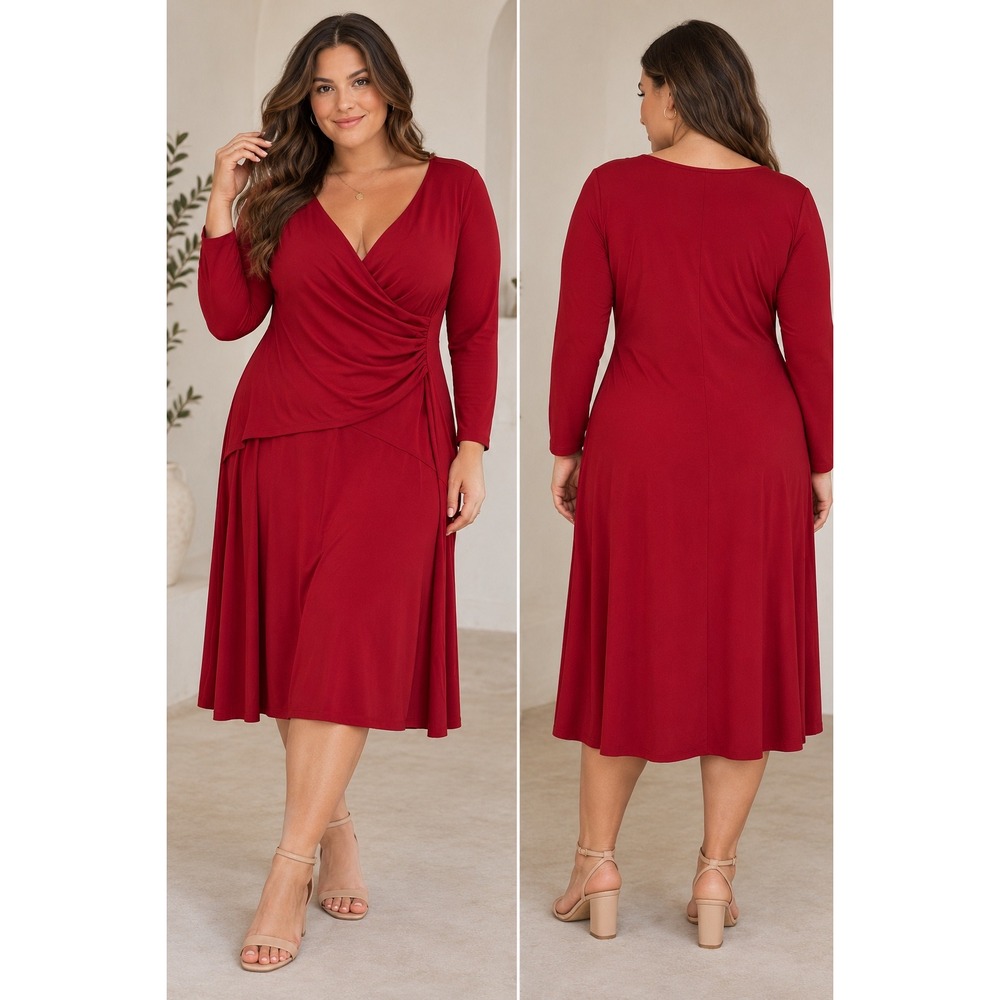 Talbots Red Long Sleeve Faux Wrap Draped Sheath Dress 14 NEW!